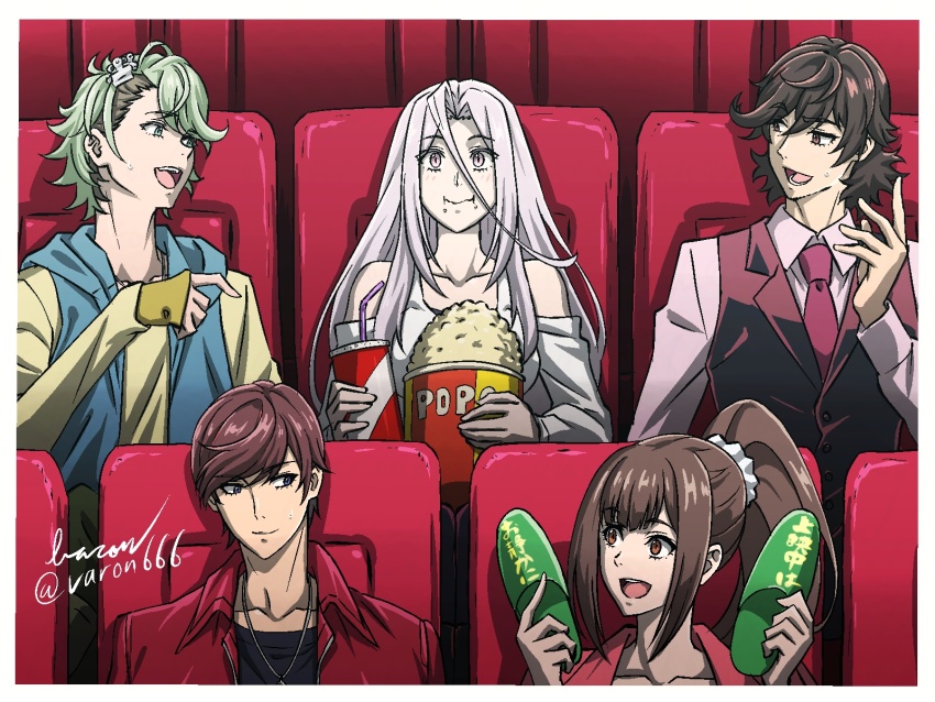 2girls 3boys baron_(varon666) blue_vest brown_eyes brown_hair eating food fuuto_tantei green_eyes green_hair group_picture hidari_shoutarou high_ponytail highres hood hood_down hooded_vest hoodie jacket kamen_rider kamen_rider_w long_hair movie_theater multiple_boys multiple_girls narumi_akiko philip_(kamen_rider) pink_shirt ponytail popcorn purple_eyes purple_hair red_jacket red_vest shirt short_hair sitting tank_top terui_ryuu tokime_(fuuto_tantei) upper_body vest white_tank_top yellow_shirt