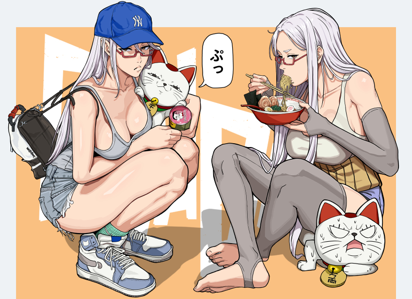 1girl absurdres ayase_seiko backpack bag blue_hat breasts cat chopsticks commentary dandadan denim denim_shorts feet food glasses hat highres long_hair mature_female mikey_pie noodles semi-rimless_eyewear serpo_(dandadan) shorts speech_bubble sweat toes turbo_granny_(dandadan) white_hair