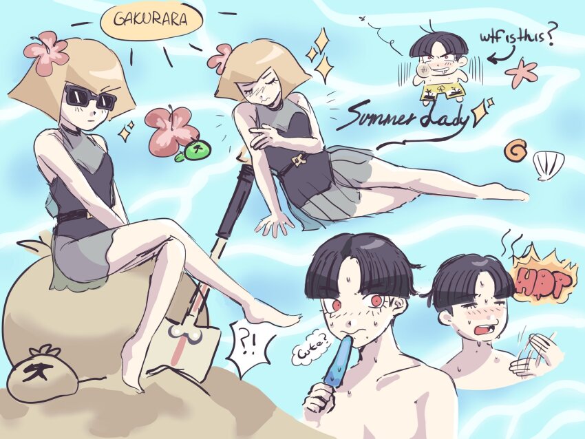 1boy 1girl barefoot black_hair blonde_hair blue_background closed_eyes closed_mouth diamond_(shape) english_text feet flower flower_in_mouth full_body highres male_swimwear maruko_gaku one-piece_swimsuit oosuzuki_kurara open_mouth parted_hair red_eyes sandals shovel simple_background sitting speech_bubble sunglasses swim_trunks swimsuit the_hundred_line_-last_defense_academy- thought_bubble