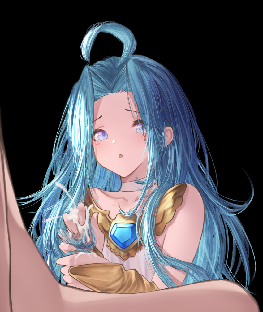 1boy 1girl absurdres ahoge betabeet black_background blue_eyes blue_hair blush bridal_gauntlets censored choker clothed_female_nude_male collarbone commentary cum dress forehead granblue_fantasy hairjob handjob hetero highres long_hair looking_at_viewer lyria_(granblue_fantasy) nude parted_bangs parted_lips penis simple_background solo_focus white_choker white_dress