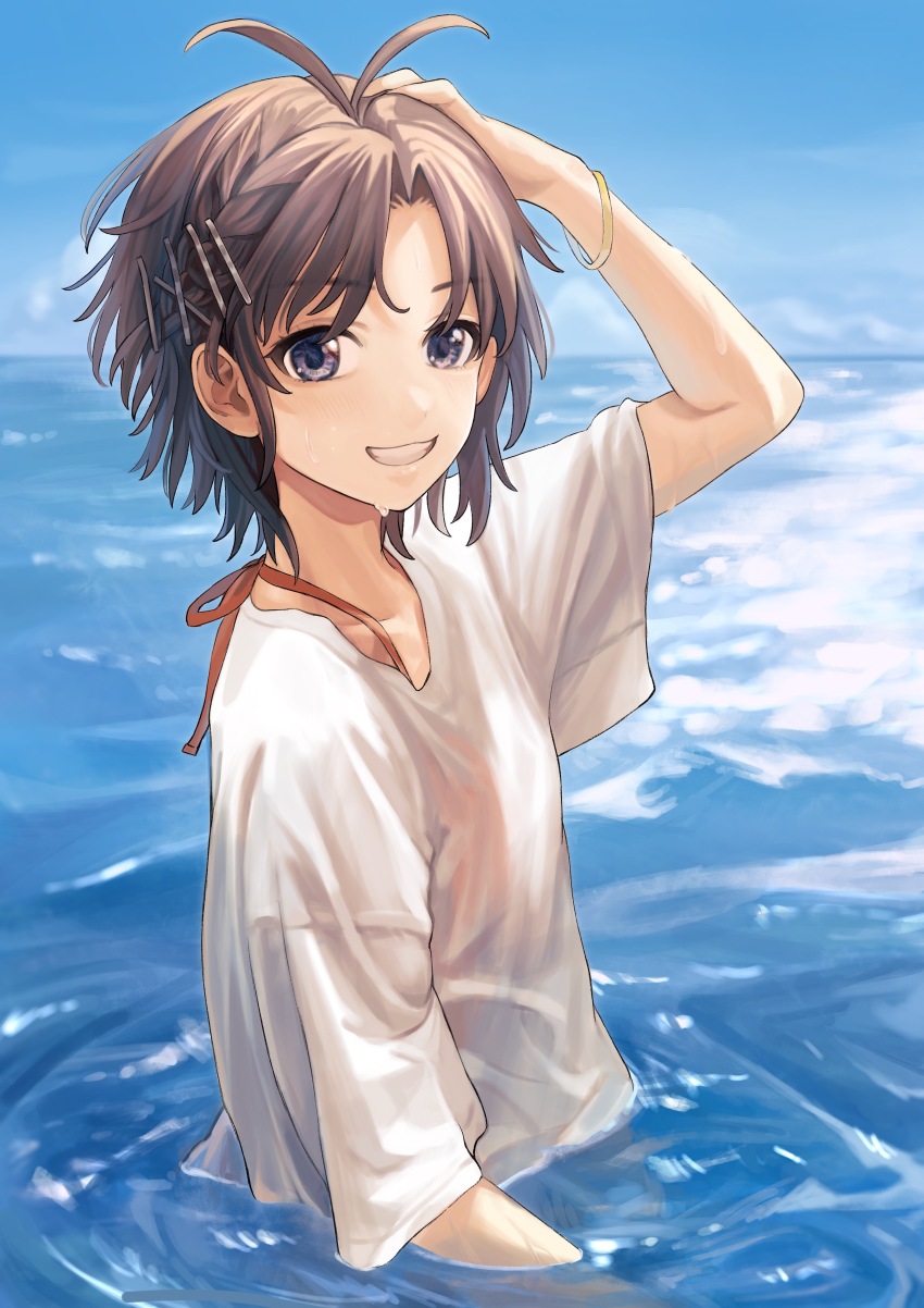 1girl :d absurdres antenna_hair arm_up bikini bikini_under_clothes black_hair blue_sky braid breasts collarbone commentary_request curtained_hair day hair_ornament hairpin hand_on_own_head highres horizon idolmaster idolmaster_million_live! kikuchi_makoto looking_at_viewer looking_to_the_side multiple_hairpins ocean open_mouth orange_bikini outdoors partially_submerged purple_eyes see-through_clothes shirt short_hair short_sleeves side_braid sidelocks sky small_breasts smile solo swimsuit tanupon teeth thick_eyelashes turning_head upper_body water wet wet_clothes wet_shirt white_shirt wide_sleeves wristband
