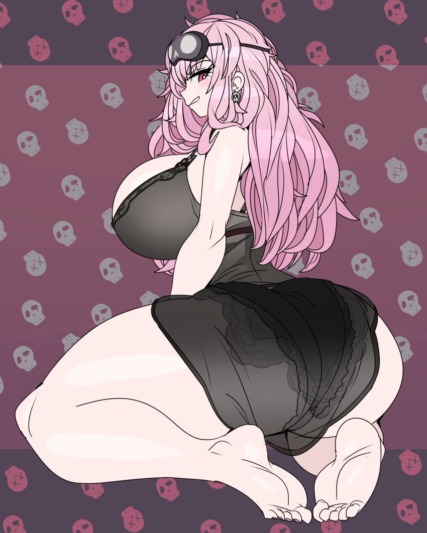 1girl absurdres ass ass_focus babydoll barefoot black_babydoll black_background breasts captain_kirb earrings eyelashes feet female_focus from_behind full_body grin highres hololive hololive_english huge_ass huge_breasts jewelry kneeling long_hair looking_at_viewer looking_back matching_hair/eyes mori_calliope mori_calliope_(sleepwear) nail_polish naughty_face pink_background pink_eyes pink_hair pink_nails simple_background smile soles solo toenail_polish toenails toes two-tone_background virtual_youtuber