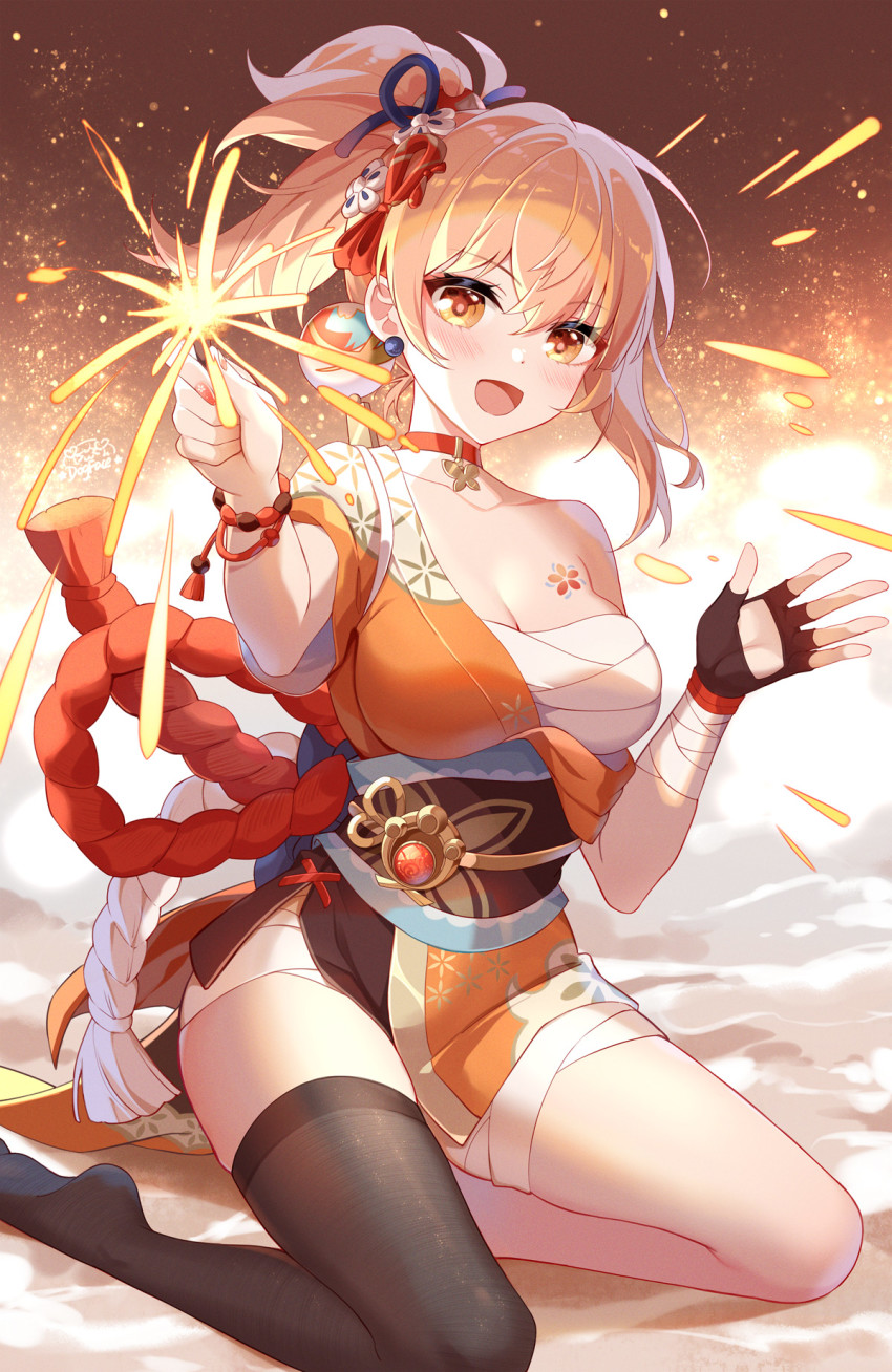 1girl :d bandaged_leg bandages black_thighhighs blonde_hair blush bracelet breast_tattoo breasts chest_sarashi choker cleavage crossed_bangs ear_piercing fingerless_gloves firecrackers fireworks genshin_impact gloves gou_lianlian_dogface hair_ornament hands_up highres holding holding_fireworks japanese_clothes jewelry kimono looking_at_viewer medium_breasts medium_hair no_shoes obi open_hand open_mouth orange_eyes orange_kimono piercing ponytail red_choker sarashi sash single_fingerless_glove single_thighhigh smile solo sparks tattoo thighhighs thighs vision_(genshin_impact) yoimiya_(genshin_impact)