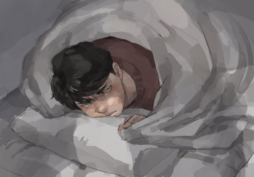 1boy black_eyes black_hair highres indoors lying mtmr_0721 on_stomach pillow sangatsu_no_lion shigeta_morio short_hair solo under_covers