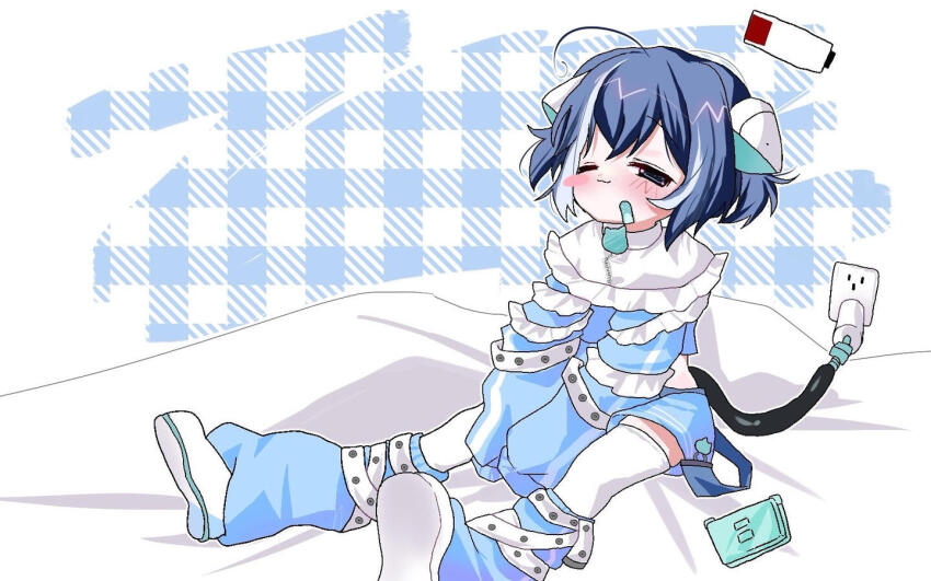 1boy 2000s_(style) animal_ears bandaid bandaid_on_face buchou_(tk_club0_0) cat_ears handheld_game_console indie_virtual_youtuber male_focus nintendo_ds non-web_source nyaonix one_eye_closed robot_ears short_twintails sitting trap twintails utau