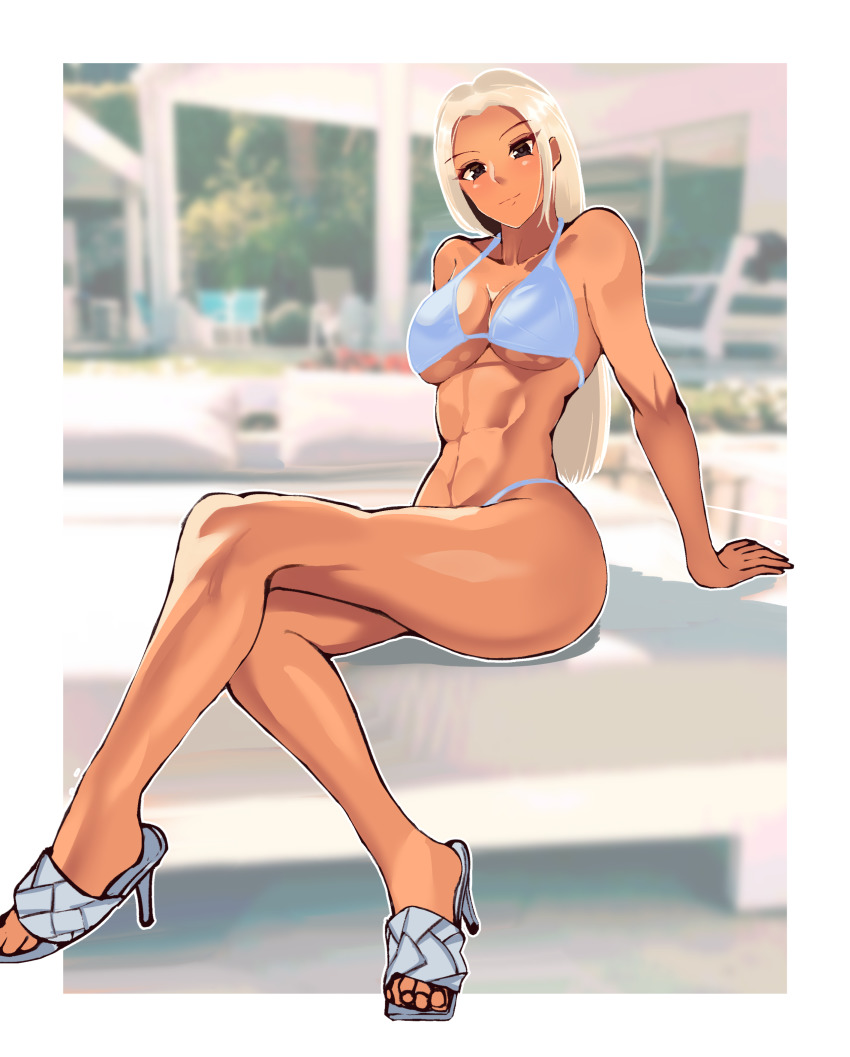 1girl abs absurdres bed bikini black_eyes blonde_hair blue_bikini blush breasts cleavage dark_skin dark-skinned_female highres crossed_legs long_hair looking_at_viewer original sandals sitting smile solo swimsuit volyz