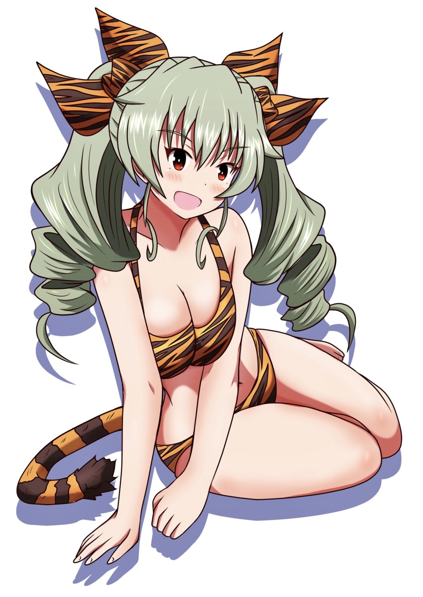 1girl anchovy_(girls_und_panzer) arm_support barefoot bikini breasts cleavage commentary drill_hair girls_und_panzer green_hair hair_ribbon halterneck highres long_hair looking_at_viewer medium_breasts meiya navel open_mouth orange_bikini orange_ribbon print_bikini print_ribbon red_eyes ribbon shadow simple_background sitting smile swimsuit tail tiger_tail twin_drills twintails white_background yokozuwari
