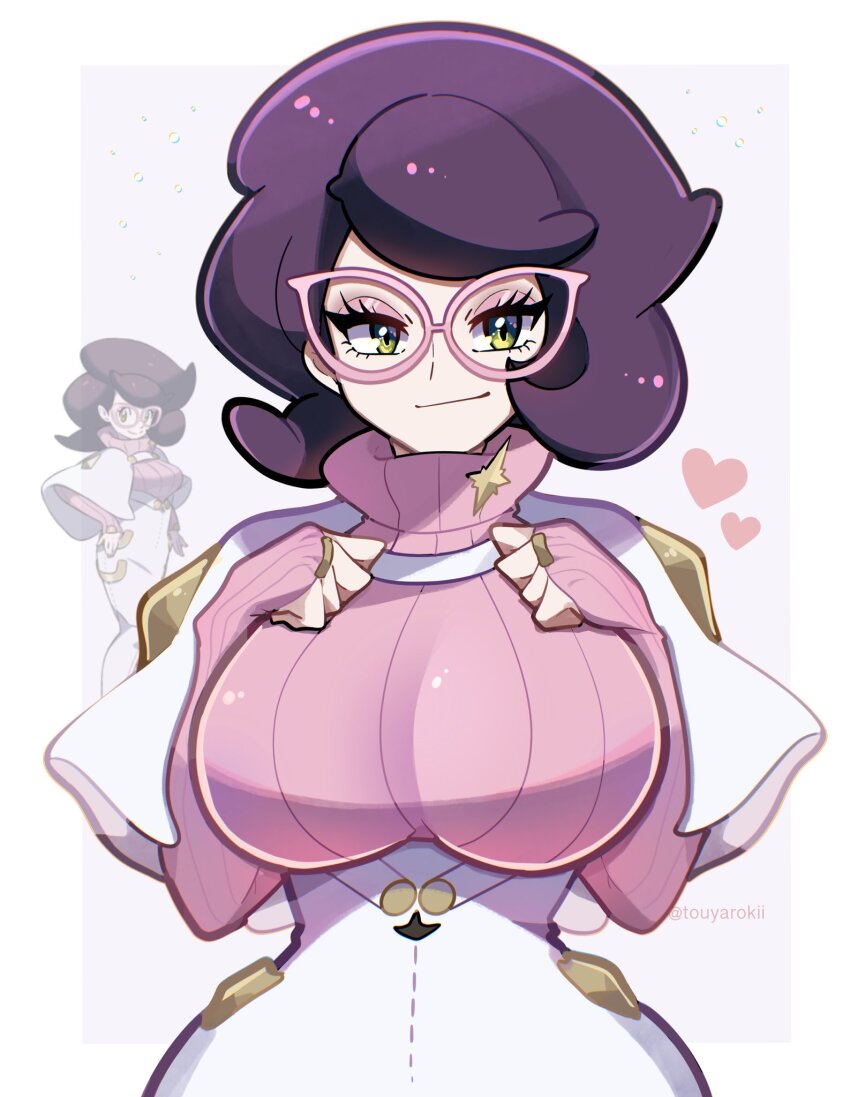 1girl big_hair breasts capelet glasses green_eyes high-waist_skirt highres large_breasts long_sleeves medium_skirt nintendo pencil_skirt pink-framed_eyewear pink_sweater pokemon pokemon_sm purple_hair ribbed_sweater skirt solo sweater sweater_guard touyarokii turtleneck turtleneck_sweater white_capelet white_skirt wicke_(pokemon)