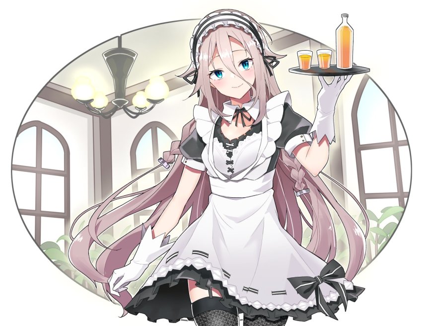 1girl apron aqua_eyes bottle cevio chandelier commentary cowboy_shot cup dress fishnet_thighhighs fishnets frilled_dress frills gloves hand_up holding holding_tray ia_(vocaloid) indoors long_hair looking_at_viewer maid maid_apron maid_day maid_headdress platinum_blonde_hair round_image shidoh279 short_sleeves smile solo suspenders thighhighs tray very_long_hair vocaloid white_apron white_gloves
