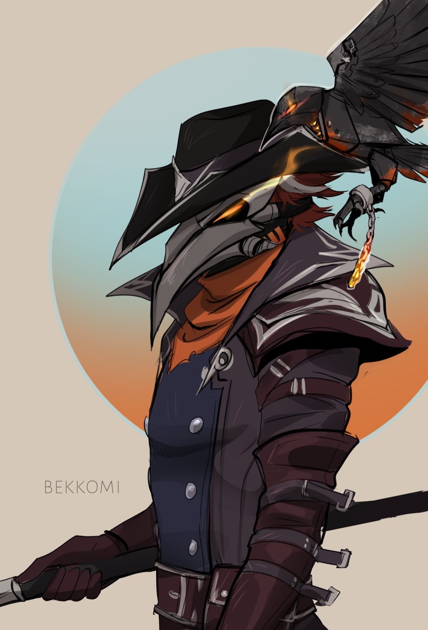 1boy absurdres animal artist_name beatrice_(league_of_legends) bekkomi bird black_hat black_jacket brown_hair cane chain cowboy_hat from_side glowing glowing_eyes gradient_background hat high_noon_(league_of_legends) high_noon_viktor highres holding holding_cane jacket league_of_legends long_sleeves mask orange_background orange_scarf plague_doctor_mask scarf solo viktor_(league_of_legends)