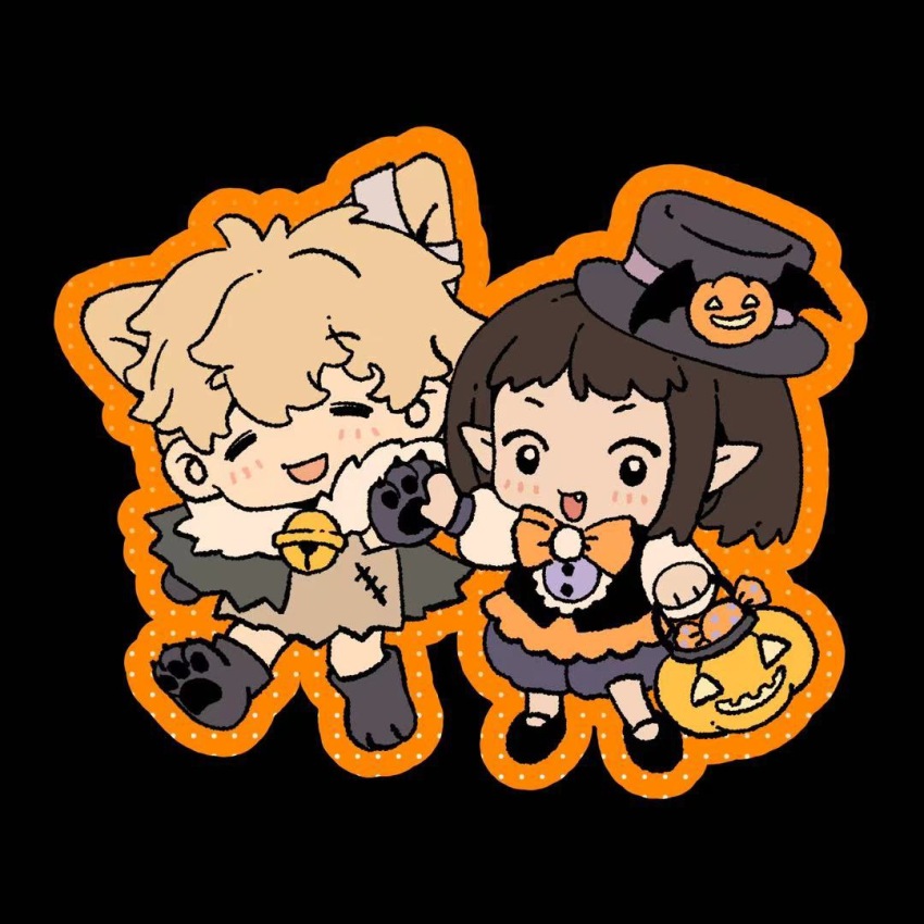 1boy 1girl =_= animal_ears animal_hands bandaged_ear bat_wings bell bib_collar black_background black_cloak black_eyes black_shoes black_vest blonde_hair bow bowtie brooch brown_hair brown_shirt bucket buttons candy chibi cloak collar endoftheworld600 fake_animal_ears fake_claws fake_pointy_ears fang flat_color food frilled_collar frilled_vest frills fur-trimmed_cloak fur_trim gloves grey_gloves grey_shoes hair_between_eyes halftone halloween halloween_bucket halloween_costume happy hat hat_ornament high_five holding holding_bucket iwakura_mitsumi jack-o&#039;-lantern jack-o&#039;-lantern_hat_ornament jewelry light_blush long_sleeves looking_at_viewer mary_janes messy_hair mini_hat mini_top_hat neck_bell no_pants no_socks open_mouth orange_bow orange_bowtie orange_outline outline paw_gloves paw_shoes pointy_ears puffy_long_sleeves puffy_shorts puffy_sleeves purple_collar purple_hat purple_shorts shima_sousuke shirt shoes short_hair shorts simple_background skip_to_loafer smile standing stitches top_hat torn_clothes torn_shirt vampire_costume vest werewolf_costume white_shirt wings wolf_ears