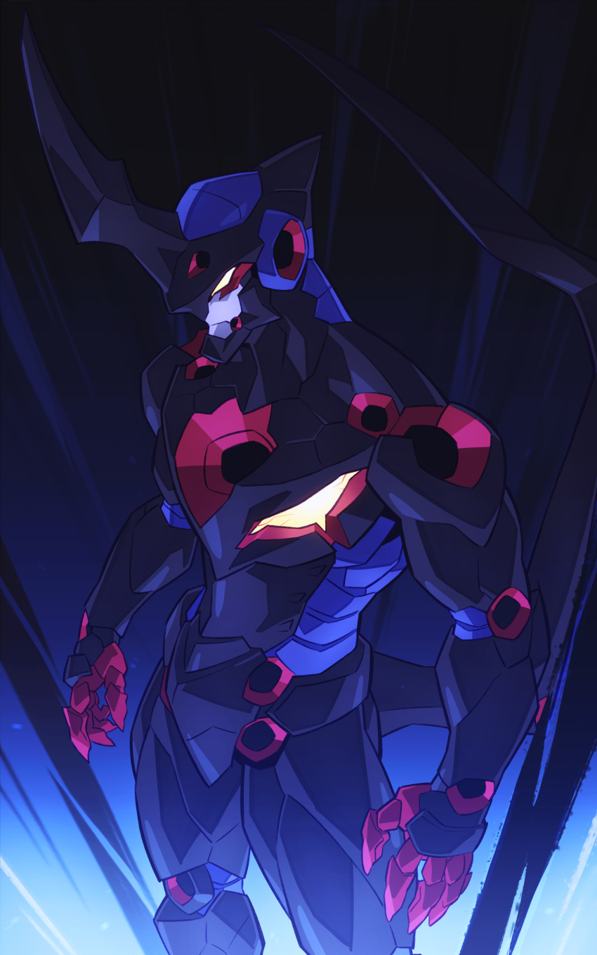 absurdres arms_at_sides chinese_commentary closed_mouth commentary_request cowboy_shot highres horns lazengann mecha mecha_focus no_humans onion_maru open_hands robot science_fiction single_horn solo standing super_robot tengen_toppa_gurren_lagann yellow_eyes