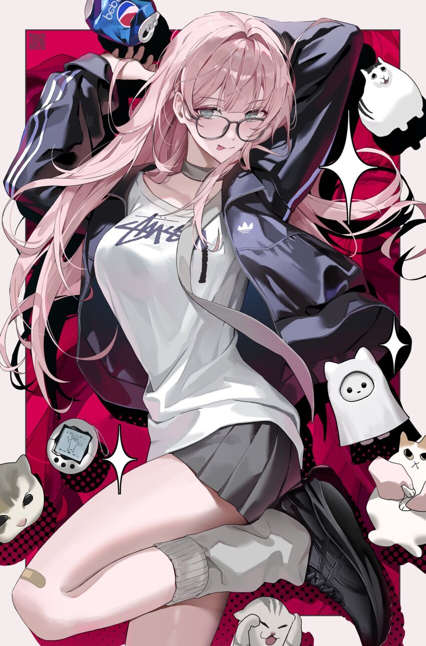 1girl adidas band_shirt black_jacket can cat crushed_can drink_can glasses grey_eyes grey_skirt grey_socks highres huh?_cat_(meme) jacket loose_socks meme merchandise original pepsi pink_hair round_eyewear ryugisa skirt socks soda_can solo tamagotchi tamagotchi_(classic)
