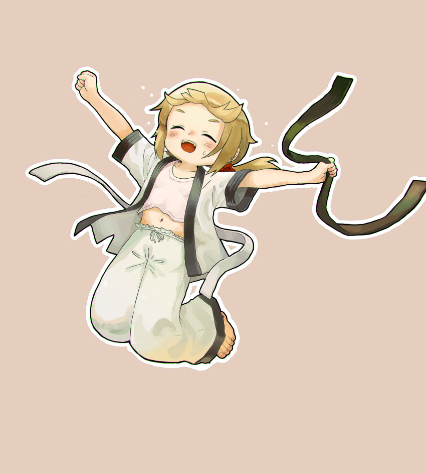 1girl barefoot belt blonde_hair brown_background chinese_commentary closed_eyes commentary_request dougi full_body happy highres holding holding_belt jumping kuma-bound long_hair low_ponytail martial_arts_belt midriff navel original outline pants ponytail simple_background smile solo toes white_outline white_pants