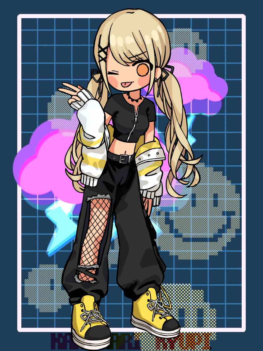 1girl absurdres baggy_pants black_pants black_shirt character_name chibi chibi_only clothing_cutout fishnets gyaru hair_ribbon hanada_ten highres jacket kaminari_qpi kaminari_qpi_(2nd_costume) leg_cutout long_sleeves low_twintails midriff multicolored_jacket navel off_shoulder one_eye_closed pants parted_bangs ribbon shirt shoes short_sleeves smiley_face solo tongue twintails two-tone_jacket virtual_youtuber vspo! yellow_shoes