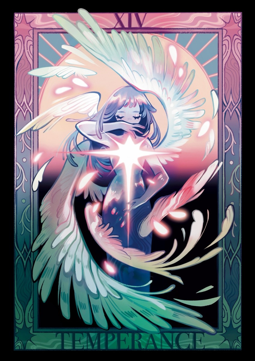 1girl angel border card_(medium) closed_eyes english_text eyelashes feathered_wings feefal highres long_hair original ornate_border solo tarot tarot_(medium) temperance_(tarot) wings