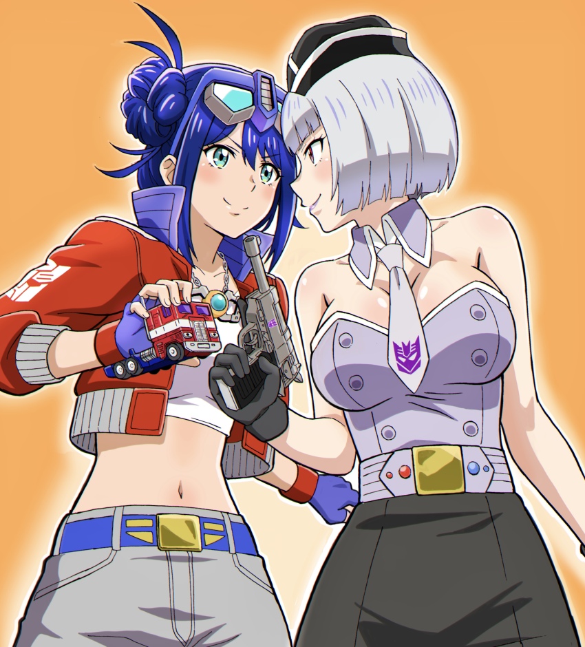 2girls absurdres belt black_gloves black_headwear black_skirt blue_belt blue_eyes blue_gloves blue_hair blush breasts cleavage collarbone cropped_shirt detached_collar double_bun eyewear_on_head fingerless_gloves garrison_cap glasses gloves grey_necktie grey_shorts gun hair_behind_ear hair_bun hat highres holding holding_gun holding_toy holding_weapon jacket jewelry komagoma kotobukiya_bishoujo large_breasts looking_at_another matrix_of_leadership medium_breasts megatron megatron_(kotobukiya_bishoujo) midriff multiple_girls navel necklace necktie optimus_prime optimus_prime_(kotobukiya_bishoujo) orange_background purple_shirt red_jacket shirt short_hair shorts skirt smile strapless strapless_shirt toy toy_truck transformers v-shaped_eyebrows weapon white_shirt