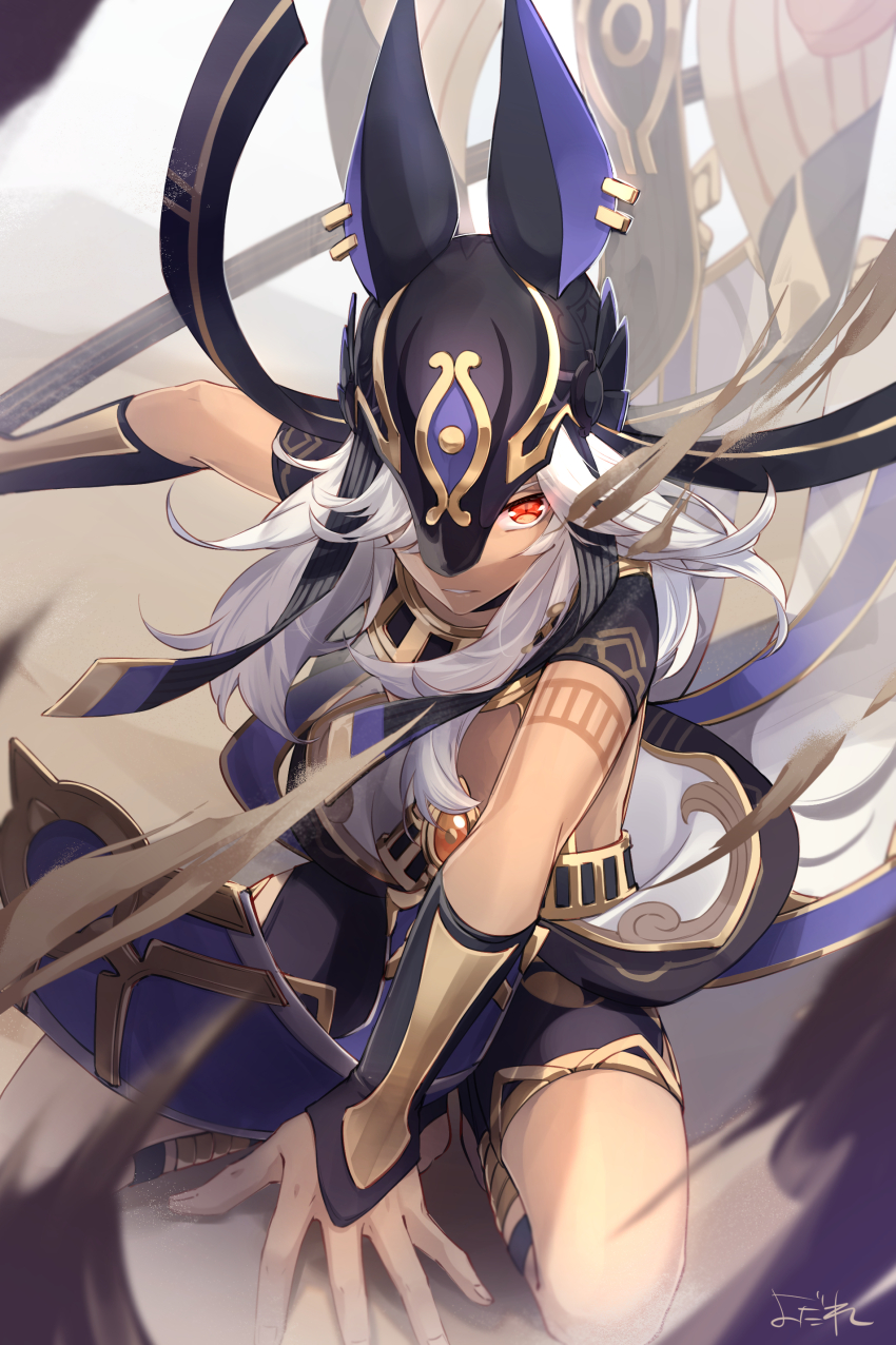1boy absurdres ancient_egyptian_clothes animal_ears animal_hat artist_name black_choker black_gloves black_hat black_ribbon black_shirt black_shorts choker commentary_request crop_top cyno_(genshin_impact) dark-skinned_male dark_skin day desert fake_animal_ears fighting_stance fingerless_gloves floating_hair genshin_impact gloves glowing glowing_eye gold_trim hair_over_one_eye hat hat_ribbon highres holding holding_polearm holding_weapon itsumono_katze jackal_ears long_hair looking_at_viewer male_focus one_eye_covered outdoors parted_bangs parted_lips pelvic_curtain polearm red_eyes ribbon sand serious shirt short_sleeves shorts sidelocks signature solo squatting usekh_collar weapon white_hair