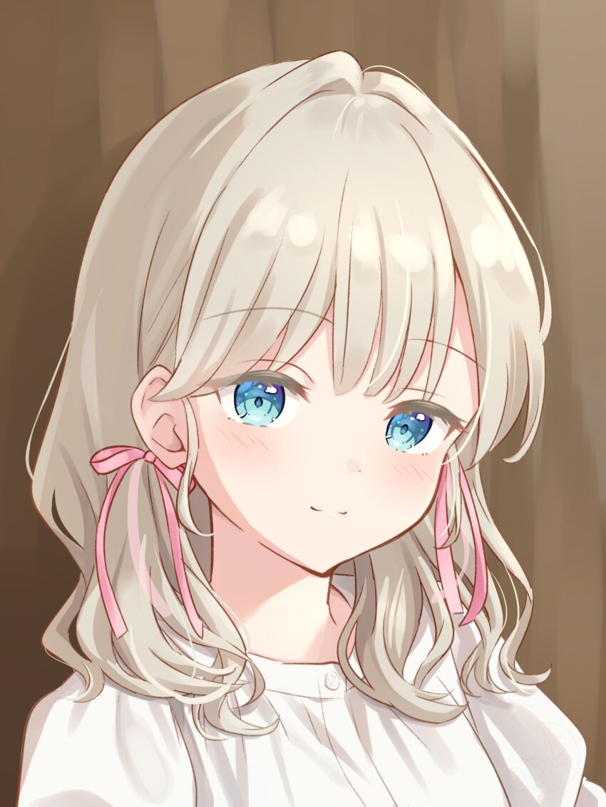 1girl alt_text blue_eyes blush brown_background ceras_yanagida_lilienfeld closed_mouth commentary_request cosplay grey_hair hair_intakes hair_ribbon hanazora_satsuki highres link!_like!_love_live! long_hair looking_at_viewer love_live! miyake_miu miyake_miu_(cosplay) photo-referenced pink_ribbon portrait ribbon shirt simple_background smile solo virtual_youtuber voice_actor_connection white_shirt