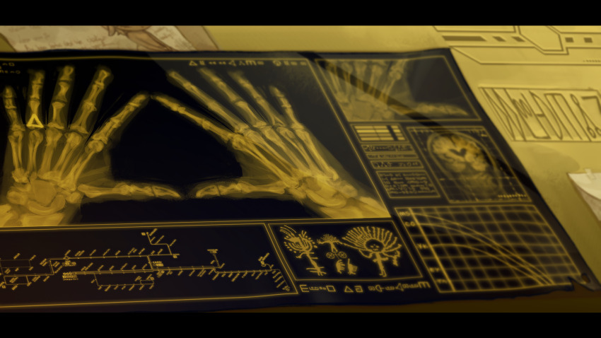 fake_text graph gravity_falls hand_focus highres no_humans note skeleton stafsar symbolism triangle x-ray yellow_theme