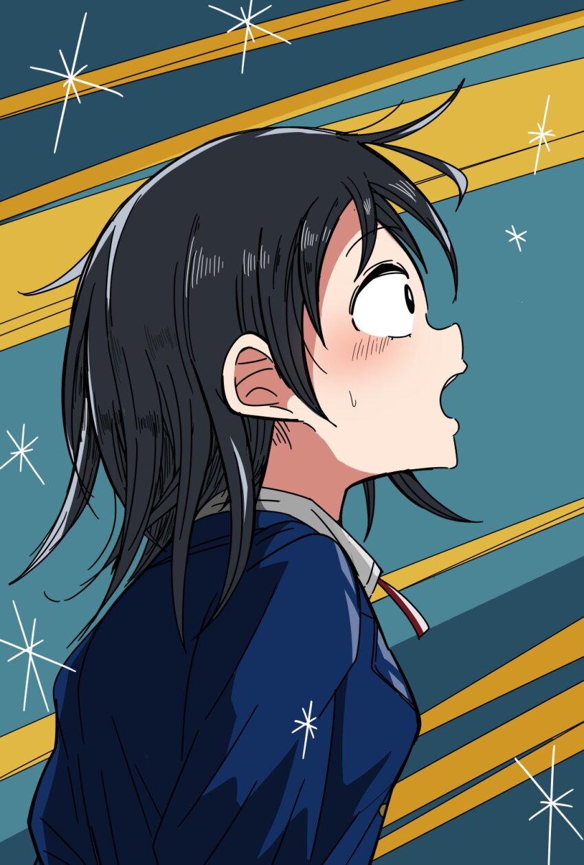1girl :o awestruck black_eyes black_hair blazer blue_jacket collared_shirt commentary_request futsuu_no_keion-bu hatono_chihiro highres jacket lapels long_sleeves medium_hair michikusa_mawari neck_ribbon notched_lapels open_mouth profile red_ribbon ribbon school_uniform shirt solo sparkle upper_body white_shirt winter_uniform