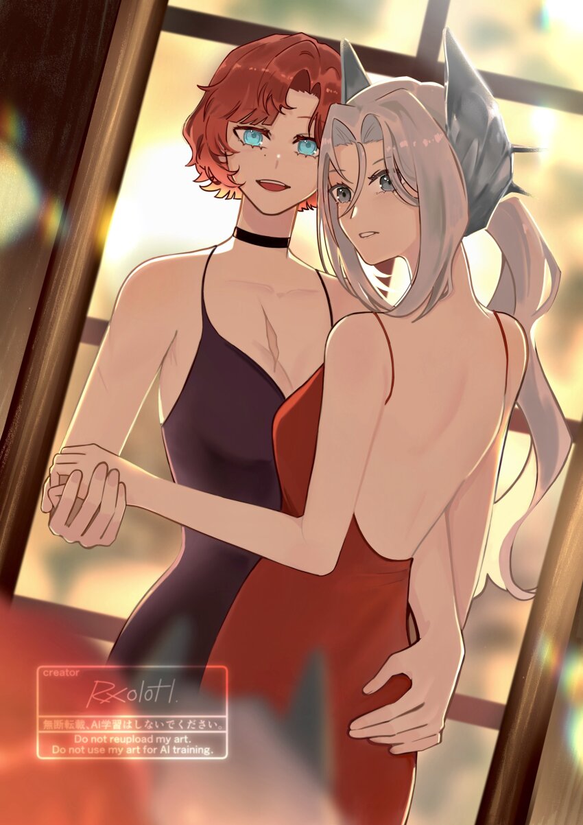 2girls :d absurdres alternate_costume artist_name backless_dress backless_outfit blue_eyes breasts cleavage dress dutch_angle evening_gown grey_eyes grey_hair hair_between_eyes hair_intakes hair_ornament hand_on_another&#039;s_waist highres holding_hands long_hair low_ponytail marsha_(reverse:1999) multiple_girls open_mouth parted_lips ponytail ratanan red_dress red_hair reverse:1999 scar scar_on_chest sentinel_(reverse:1999) sleeveless sleeveless_dress smile spaghetti_strap upper_body watermark window
