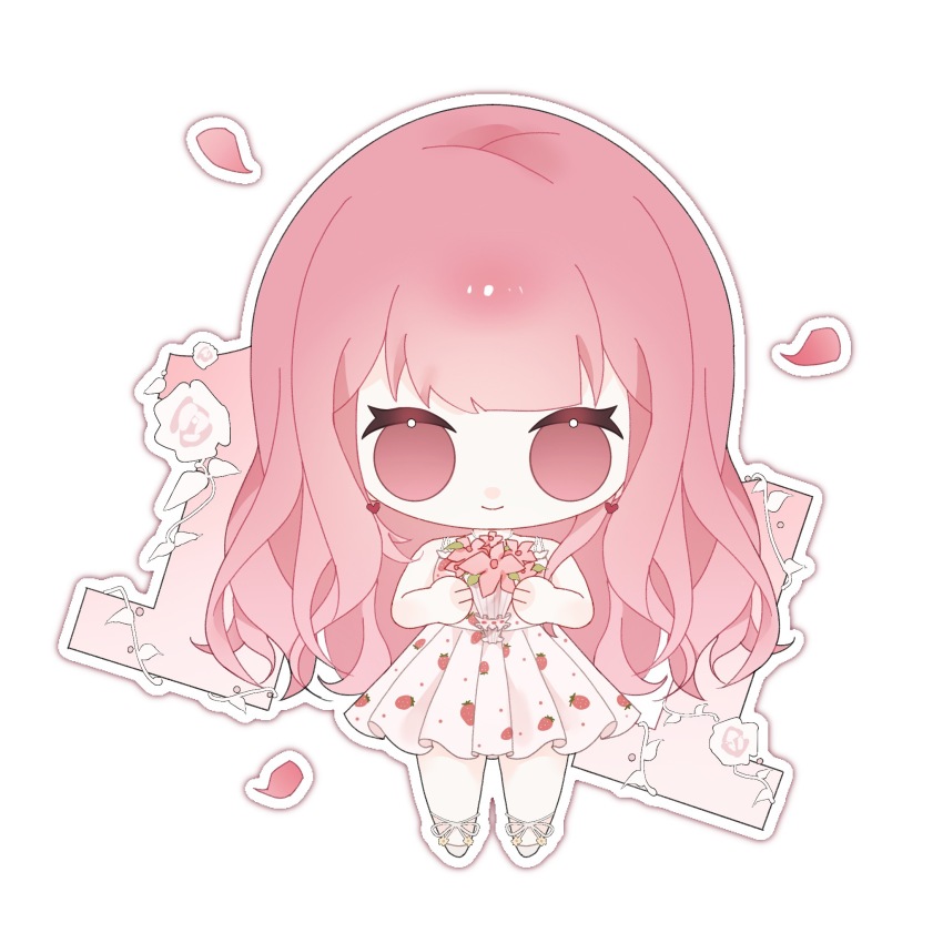 1girl ankle_ribbon bare_arms bare_shoulders blunt_bangs bouquet chibi chinese_commentary closed_mouth commentary_request dress earrings eyelashes flower food_print fruit_print heart heart_earrings highres holding holding_bouquet jewelry leg_ribbon long_hair nikki_(nikki) nikki_(series) nikki_up2u outline petals pink_eyes pink_flower pink_hair pink_rose plant pleated_dress ribbon rose rose_petals second-party_source shanshu_xuxu shoes short_dress sidelocks simple_background sleeveless sleeveless_dress smile solo standing straight-on strawberry_print very_long_hair vines wavy_hair white_background white_dress white_outline white_ribbon white_shoes