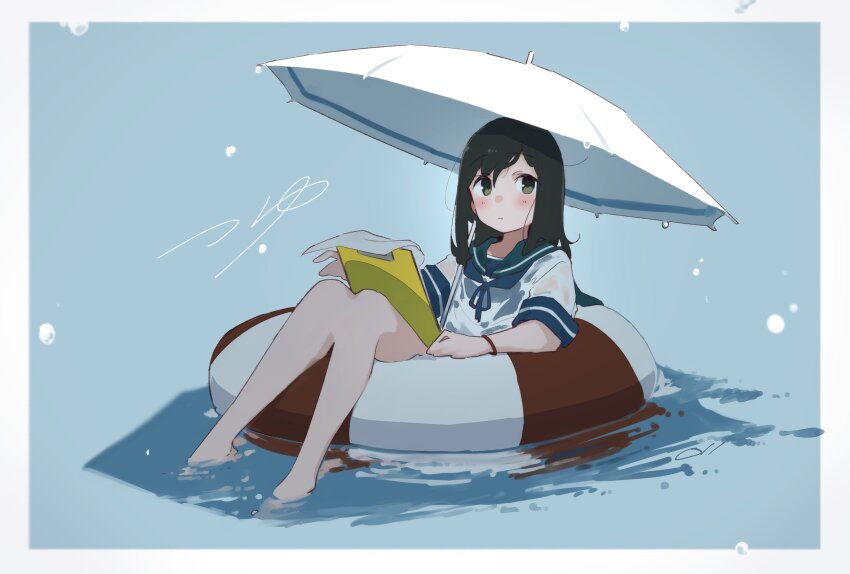 1girl absurdres barefoot blue_neckerchief blush brown_hair clipboard commentary fubuki_(kancolle) green_eyes green_sailor_collar hair_between_eyes hair_down hair_tie_on_wrist highres holding holding_clipboard in_water kantai_collection lifebuoy long_hair ma_rukan neckerchief paper rain reflection sailor_collar school_swimsuit see-through_clothes see-through_shirt shirt sidelocks sitting soaking_feet solo swept_bangs swim_ring swimsuit swimsuit_under_clothes umbrella water wet wet_clothes wet_shirt white_shirt