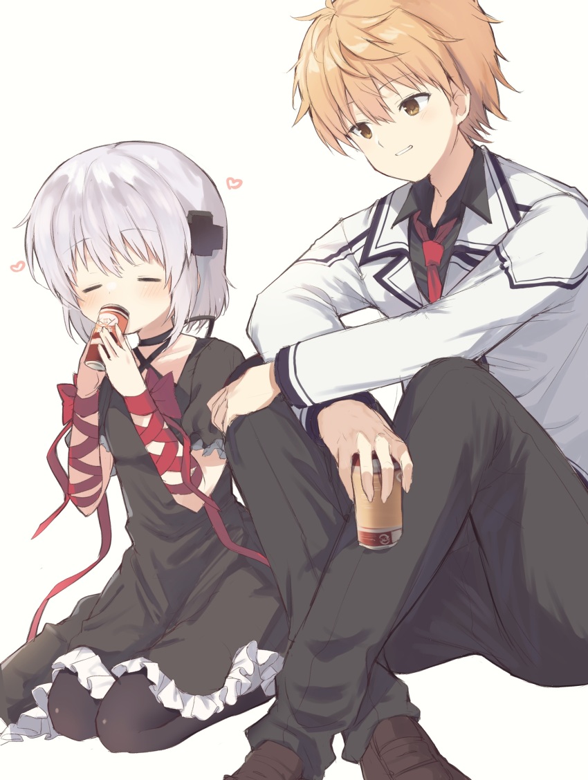 1boy 1girl =_= absurdres arm_ribbon black_choker black_dress black_pants black_pantyhose black_shirt blush bow brown_shoes can choker closed_eyes collared_shirt commentary criss-cross_halter cross_hair_ornament crossed_ankles dress drinking frilled_dress frilled_sleeves frills full_body grey_hair grin hair_ornament halterneck hands_up heart highres holding holding_can jacket kagari_(rewrite) kazamatsuri_institute_high_school_uniform knees_up long_ribbon long_sleeves necktie orange_eyes orange_hair pants pantyhose red_bow red_necktie red_ribbon rewrite ribbon school_uniform seiza shirt shoes short_hair short_sleeves simple_background sitting smile spiked_hair takepoison tennouji_kotarou white_background white_jacket wrist_bow