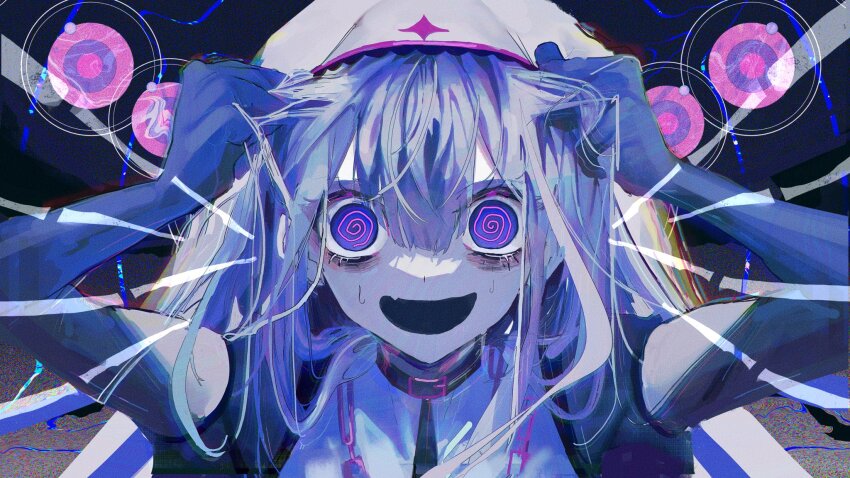 1girl @_@ arms_up black_choker black_gloves blue_hair chain choker chromatic_aberration crazy elbow_gloves fang film_grain gloves habit hair_between_eyes highres long_hair looking_at_viewer marija_(muse_dash) marija_(sister)_(muse_dash) muse_dash nun official_alternate_costume official_art open_mouth grabbing_own_hair purple_eyes shiun_(siun_5513) sidelocks skin_fang solo star_(symbol) sweat upper_body wide-eyed