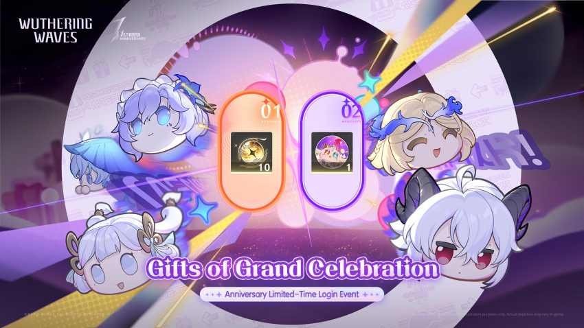 ahoge black_horns blonde_hair blue_flower blue_hair blue_veil cantarella_(wuthering_waves) cartethyia_(wuthering_waves) closed_eyes commentary crown_of_thorns cube curled_horns english_commentary english_text flower hair_between_eyes hair_flower hair_ornament headdress highres horns jinhsi_(wuthering_waves) long_hair mole mole_under_eye no_humans objectification official_art open_mouth purple_hair red_eyes shorekeeper_(wuthering_waves) smile tacet_mark_(wuthering_waves) veil white_eyes white_hair wuthering_waves zani_(wuthering_waves)