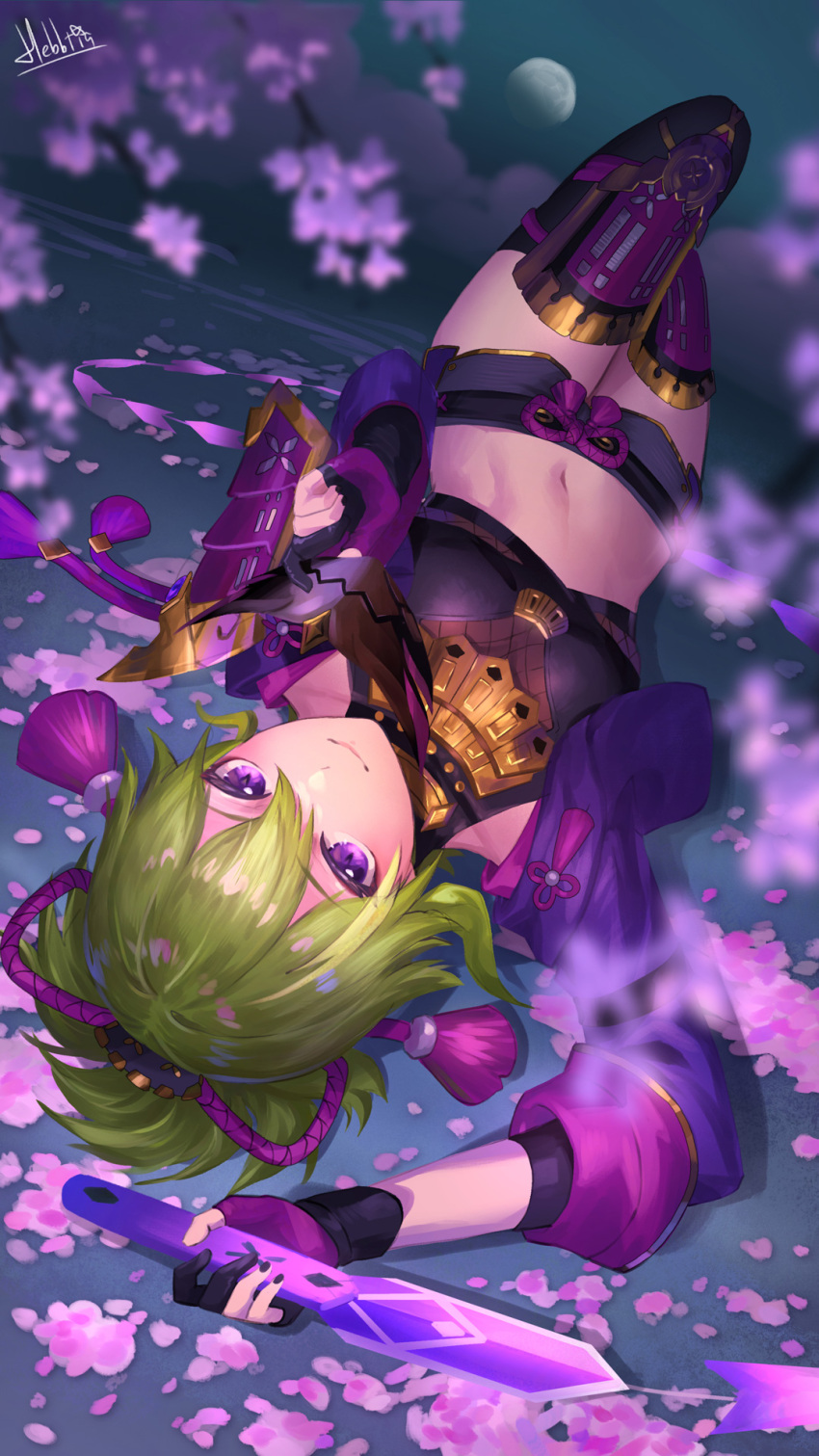 1girl artist_name black_mask black_shorts breasts cherry_blossoms closed_mouth crop_top cropped_jacket fishnet_top fishnets genshin_impact gloves green_hair hebbtia highres holding holding_mask holding_weapon jacket knee_up kuki_shinobu looking_up lying mask medium_breasts moon mouth_mask navel ninja_mask on_back partially_fingerless_gloves petals purple_eyes purple_jacket purple_rope rope shimenawa short_hair short_shorts shorts smile solo stomach thighhighs upside-down weapon