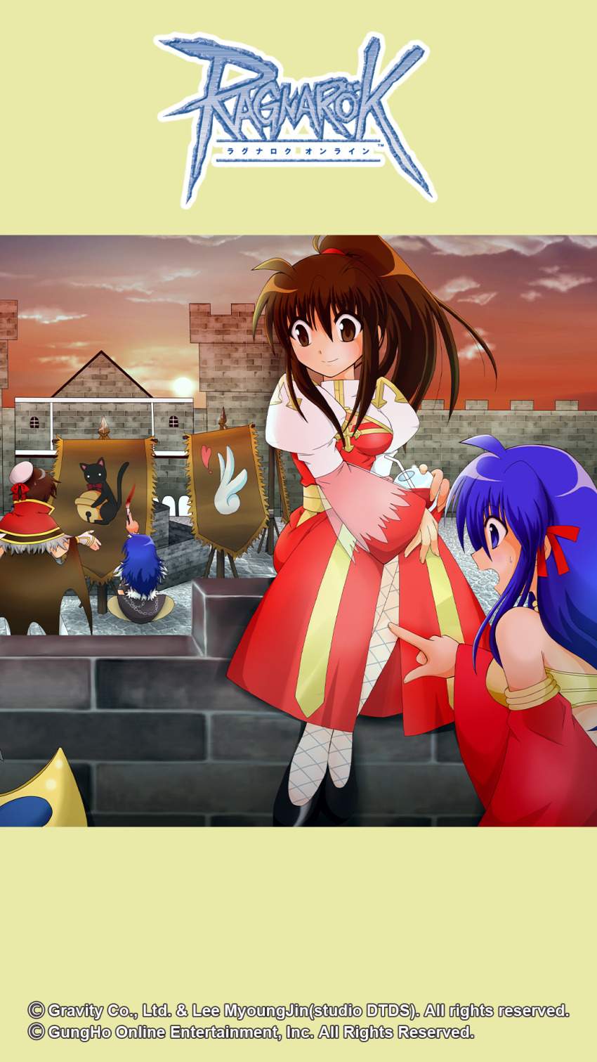 2boys 2girls arch_bishop_(ragnarok_online) banner bikini blue_eyes blue_hair blush breasts brick_wall brown_eyes brown_hair brown_wings capelet castle cleavage_cutout closed_mouth clothing_cutout cloud copyright_notice cross detached_sleeves dress fishnet_pantyhose fishnets full_body fur-trimmed_capelet fur_trim guest_art gypsy_(ragnarok_online) hat high_ponytail high_wizard_(ragnarok_online) highres holding holding_paintbrush juliet_sleeves logo long_hair long_sleeves looking_to_the_side medium_breasts multiple_boys multiple_girls official_art official_wallpaper open_mouth orange_sky outdoors paintbrush pantyhose ponytail puffy_sleeves ragnarok_online red_capelet red_sleeves sailor_hat sash shadow_chaser_(ragnarok_online) sitting sitting_on_wall sky smile sun sunset suzunari_ayana swimsuit two-tone_dress vandalism white_dress white_hat wings yellow_bikini yellow_sash