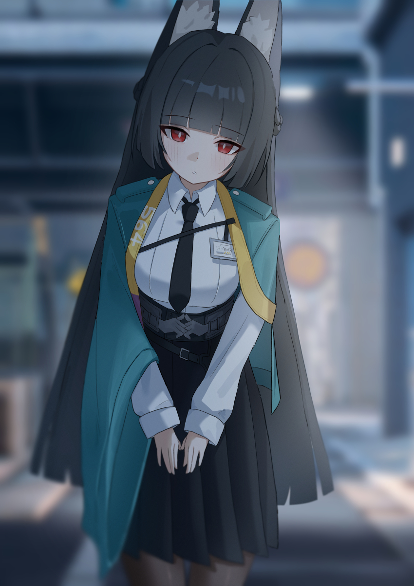 1girl absurdres animal_ear_fluff animal_ears aqua_jacket black_necktie black_pantyhose black_skirt blunt_bangs collared_shirt cowboy_shot fox_ears fox_girl high-waist_skirt highres hoduttang hoshimi_miyabi jacket necktie open_clothes open_jacket outdoors pantyhose red_eyes shirt skirt white_shirt zenless_zone_zero
