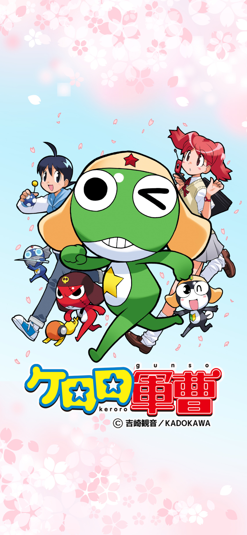 1girl 6+boys absurdres bag belt black_eyes black_hair blue_eyes bow bowtie cardigan cellphone cherry_blossoms copyright_name dororo_(keroro_gunsou) frog giroro hat headphones highres hinata_fuyuki hinata_natsumi hood hoodie keroro keroro_gunsou kururu_(keroro_gunsou) long_hair looking_at_viewer mask mouth_mask multiple_boys multiple_girls ninja_mask official_art official_wallpaper one_eye_closed pants phone red_hair school_bag school_uniform shirt shoes short_hair skirt socks star_(symbol) tamama twintails yoshizaki_mine