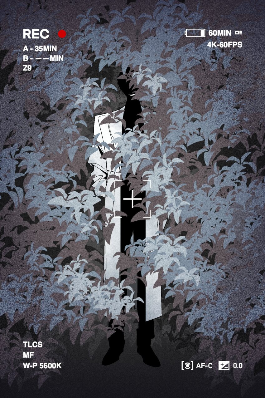 1boy arms_behind_back benkdjjituibot bush coat covered_eyes evil_grin evil_smile faceless fake_photograph film_grain greyscale grin hiding highres kim_dokja leaf looking_at_viewer male_focus monochrome omniscient_reader&#039;s_viewpoint recording smile solo white_coat