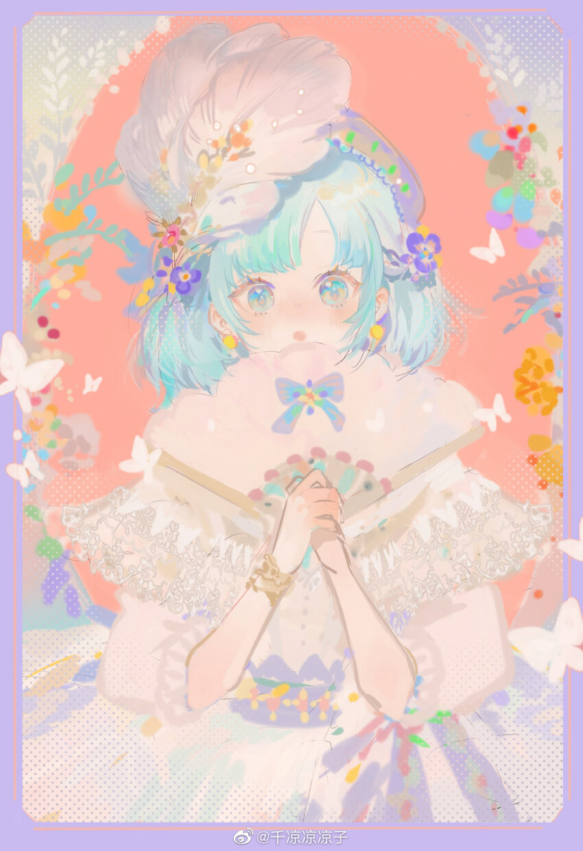 1girl blue_eyes blue_flower blue_hair blunt_bangs border bug butterfly capelet cowboy_shot dress earrings eyelashes feather_hair_ornament feathers flower folding_fan frilled_sleeves frills gown grey_hairband hair_flower hair_ornament hairband halftone hand_fan highres holding holding_fan insect jewelry lace-trimmed_capelet lace_trim leaf light_blush lipstick long_dress long_sleeves makeup medium_hair orange_background orange_flower original pansy parted_bangs parted_lips pink_lips puffy_long_sleeves puffy_sleeves purple_border senryoko solo sphere_earrings watermark weibo_watermark white_butterfly white_capelet white_dress