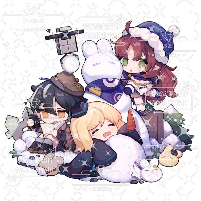 1boy 2girls alternate_costume animalization arknights black_coat black_footwear black_hair black_headwear black_jacket blue_headwear brown_coat brown_headwear capelet chinese_commentary christmas_tree closed_eyes coat commentary_request drone drooling durin_(arknights) fence green_eyes grey_hair highres holding holding_paper jacket minimalist_(arknights) mittens multicolored_hair multiple_girls myrtle_(arknights) nitrogen_owo paper pencil_behind_ear pointy_ears scarf simple_background sleeping snowball snowman streaked_hair trait_connection watermark white_background white_coat white_scarf winter_clothes writing yellow_eyes