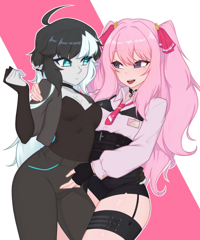 2girls absurdres ahoge black_choker black_hair blue_eyes breasts choker closed_mouth collared_shirt colored_skin commentary covered_navel cowboy_shot earrings english_commentary goddess_of_victory:_nikke highres jewelry long_hair looking_at_another multicolored_hair multiple_girls original pink_hair pointy_ears shirt teeth tongue two-tone_hair upper_teeth_only white_hair white_skin xyronii yuni_(nikke)