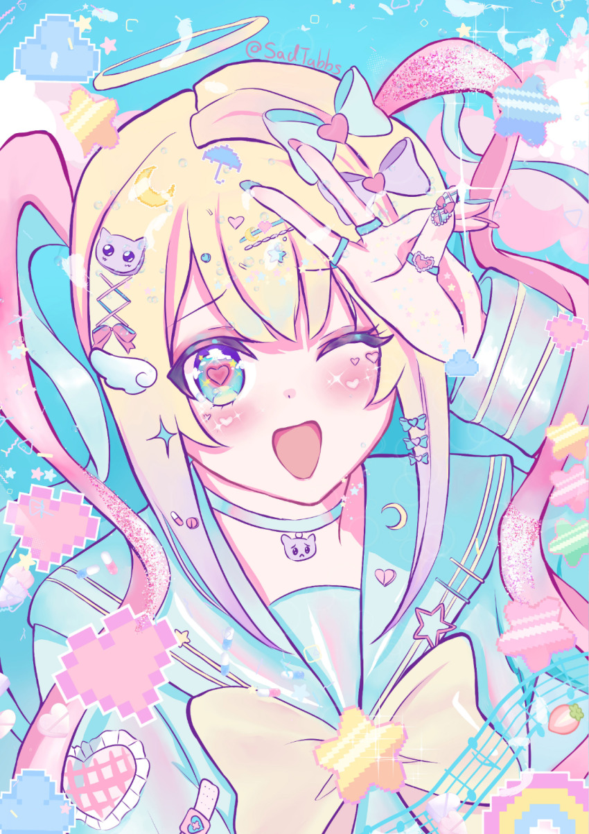 1girl ;d arm_up blonde_hair blue_background blue_eyes blue_hair blue_serafuku blush cat_hair_ornament cat_pendant character_tadpole_92 chest_bow chouzetsusaikawa_tenshi-chan cloud cloudy_sky collar colored_tips doodle_inset hair_ornament halo heart heart-shaped_pupils highres jewelry looking_at_viewer multicolored_hair multicolored_nails multiple_rings musical_note needy_girl_overdose one_eye_closed open_mouth pill_hair_ornament pink_hair quad_tails ring school_uniform serafuku sidelocks sky smile solo star_(symbol) symbol-shaped_pupils upper_body v wing_hair_ornament x_hair_ornament