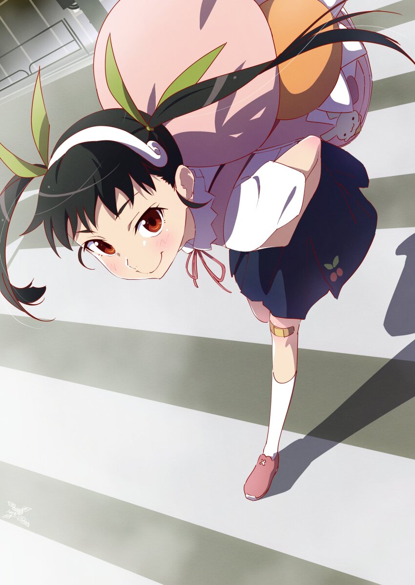 absurdres artist_logo backpack bag bandaid bandaid_on_knee bandaid_on_leg black_hair black_skirt cherry_print collar crosswalk dutch_angle food_print frilled_collar frills fruit_print full_body green_ribbon hachikuji_mayoi hair_ribbon hairband highres holding_strap leaning_forward leg_up light_blush logo makicha_(sasurainopink) monogatari_(series) neck_ribbon pink_bag pink_ribbon railing ribbon road running shadow shirt skirt smile suspender_skirt suspenders twintails white_hairband white_shirt