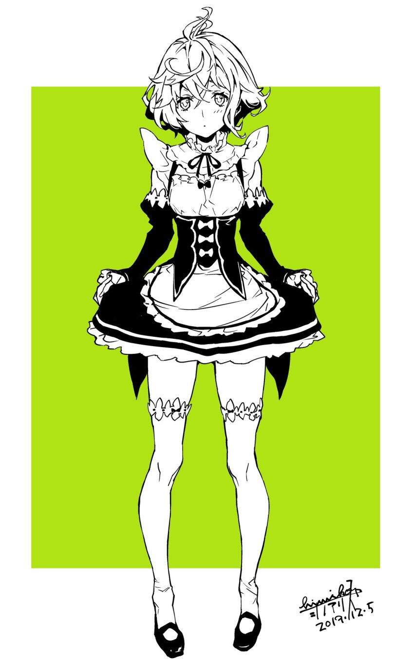 1boy ahoge alternate_costume apron clothes_lift corset cosplay crossdressing curly_hair dated detached_sleeves dress dress_lift enmaided frilled_dress frills full_body green_background highres himiko_(326ontheweb) lifting_own_clothes maid maid_apron mary_janes parted_lips pigeon-toed pinocchio_(sinoalice) re:zero_kara_hajimeru_isekai_seikatsu rem_(re:zero) shoes short_hair signature sinoalice sleeveless sleeveless_dress solo thighhighs trap two-tone_background white_background white_thighhighs zettai_ryouiki