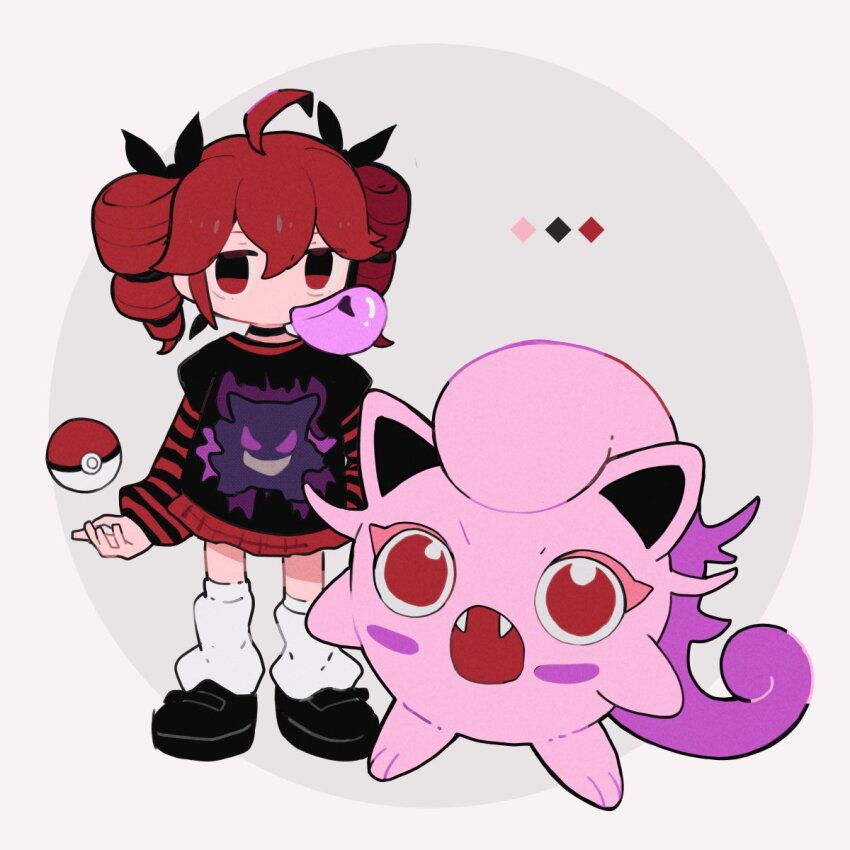 1girl ahoge black_shirt black_shoes chewing_gum commentary creatures_(company) deformed drill_hair full_body game_freak gen_1_pokemon gengar highres jigglypuff kasane_teto layered_sleeves long_sleeves loose_socks miniskirt nintendo poke_ball poke_ball_(basic) pokemon pokemon_(creature) print_shirt red_eyes red_hair red_shirt red_skirt s1ho_(ukiy0u0) shirt shoes short_over_long_sleeves short_sleeves skirt socks standing striped_clothes striped_shirt symbol-only_commentary twin_drills utau white_socks