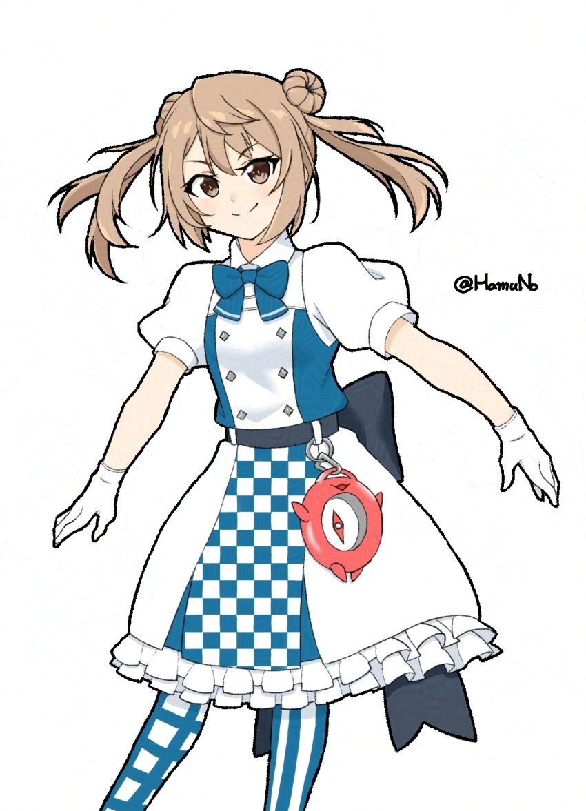 1girl alice_(alice_in_wonderland) alice_in_wonderland apron bow bowtie breasts brown_hair checkered_apron checkered_clothes checkered_legwear checkered_skirt checkered_thighhighs compass double_bun dress enemy_lifebuoy_(kancolle) gloves hair_bun hamuno highres kantai_collection looking_at_viewer medium_breasts michishio_(adventures_in_wonderland)_(kancolle) michishio_(kancolle) plaid_clothes plaid_thighhighs short_sleeves short_twintails simple_background skirt smile solo standing striped_clothes striped_thighhighs thighhighs twintails two-tone_dress vertical-striped_clothes vertical-striped_thighhighs white_background white_gloves