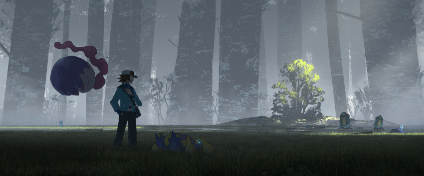 1boy absurdres asteroid_ill bag baseball_cap black_pants blue_jacket brown_hair closed_mouth commentary_request galvantula gen_3_pokemon gen_4_pokemon gen_5_pokemon grass hand_in_pocket hand_up hat highres hilbert_(pokemon) huge_filesize jacket long_sleeves looking_to_the_side musharna nintendo palpitoad pants pokemon pokemon_(creature) pokemon_bw shellos shellos_(east) shoulder_bag smile standing tree whiscash yellow_eyes zipper_pull_tab