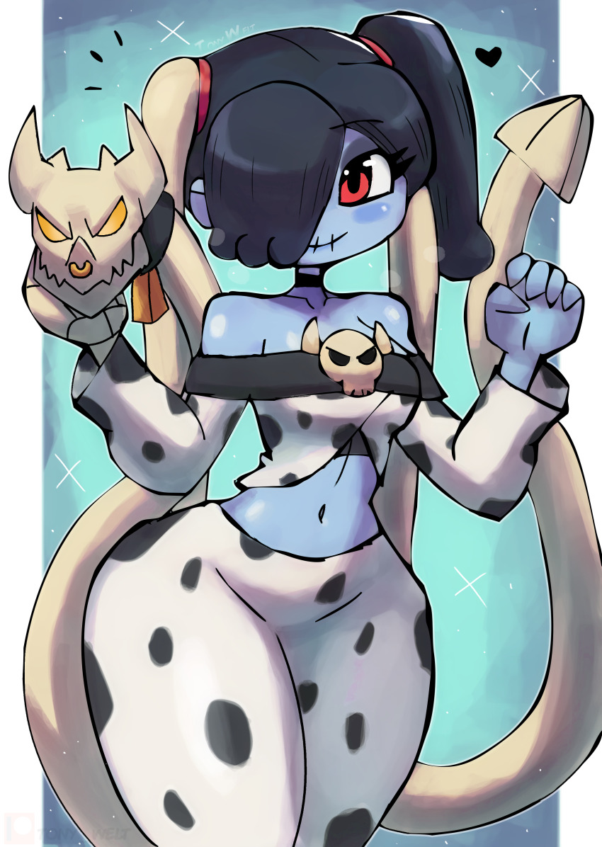 1girl absurdres animal_print black_hair blue_background blue_skin blush breasts choker collarbone colored_skin cow_print hair_over_one_eye heart highres leviathan_(skullgirls) long_hair long_sleeves looking_at_viewer medium_breasts midriff monster navel off-shoulder_shirt off_shoulder pants ponytail print_pants print_shirt red_eyes shirt side_ponytail skeletal_arm skeletal_hand skull skull_brooch skullgirls smile sparkle squigly_(skullgirls) standing stitched_mouth stitches thick_thighs thighs tony_welt white_pants white_shirt wide_hips zombie