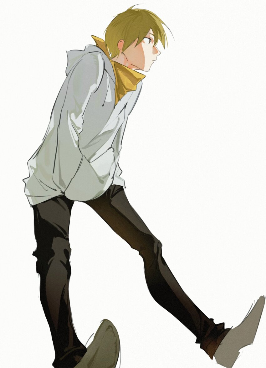 1boy bandana bandana_around_neck black_pants blonde_hair closed_mouth commentary_request drawstring durarara!! full_body hands_in_pockets highres hood hood_down hoodie kida_masaomi looking_ahead male_focus nemui2242 pants parted_bangs simple_background solo unfinished white_background white_hoodie yellow_bandana