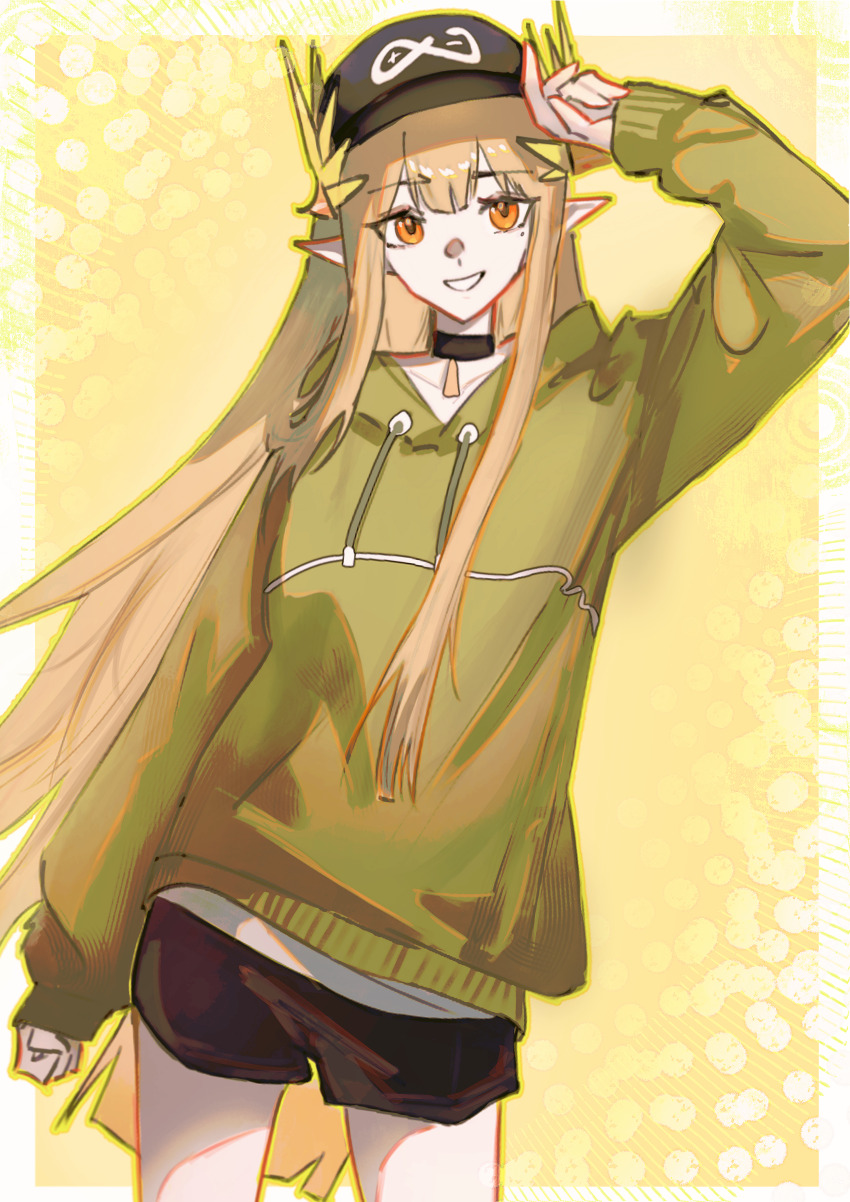 1girl absurdres arknights arm_up baseball_cap black_choker black_hat black_shorts brown_hair choker commentary cowboy_shot elf green_hoodie grin hat highres hood hood_down hoodie laurel_crown long_hair long_sleeves looking_at_viewer muelsyse_(arknights) orange_eyes peemy pointy_ears puffy_long_sleeves puffy_sleeves rhine_lab_logo short_shorts shorts sidelocks smile solo standing very_long_hair yellow_background