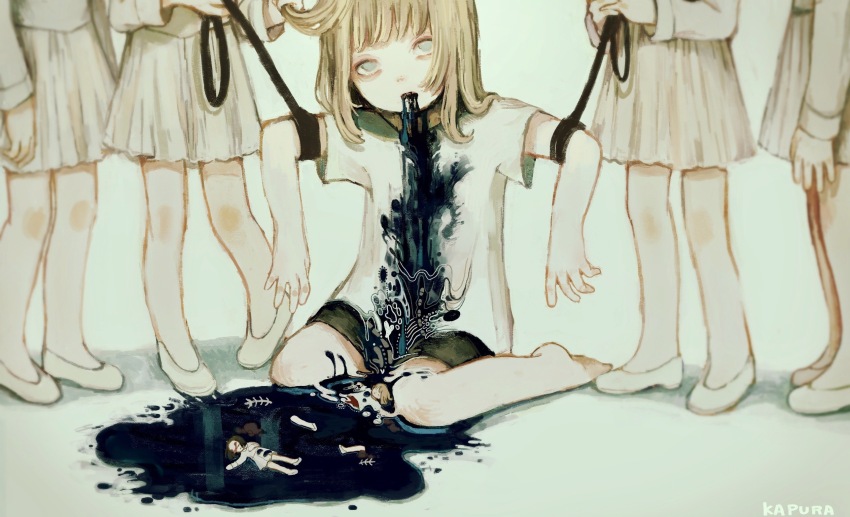 5girls bone commentary_request grey_eyes highres holding_another&#039;s_hair implied_cannibalism kapura light_brown_hair long_sleeves looking_at_viewer medium_hair multiple_girls original out_of_frame puddle severed_limb shirt shoes short_sleeves sitting skirt standing surreal vomit vomiting wariza white_footwear white_shirt white_skirt