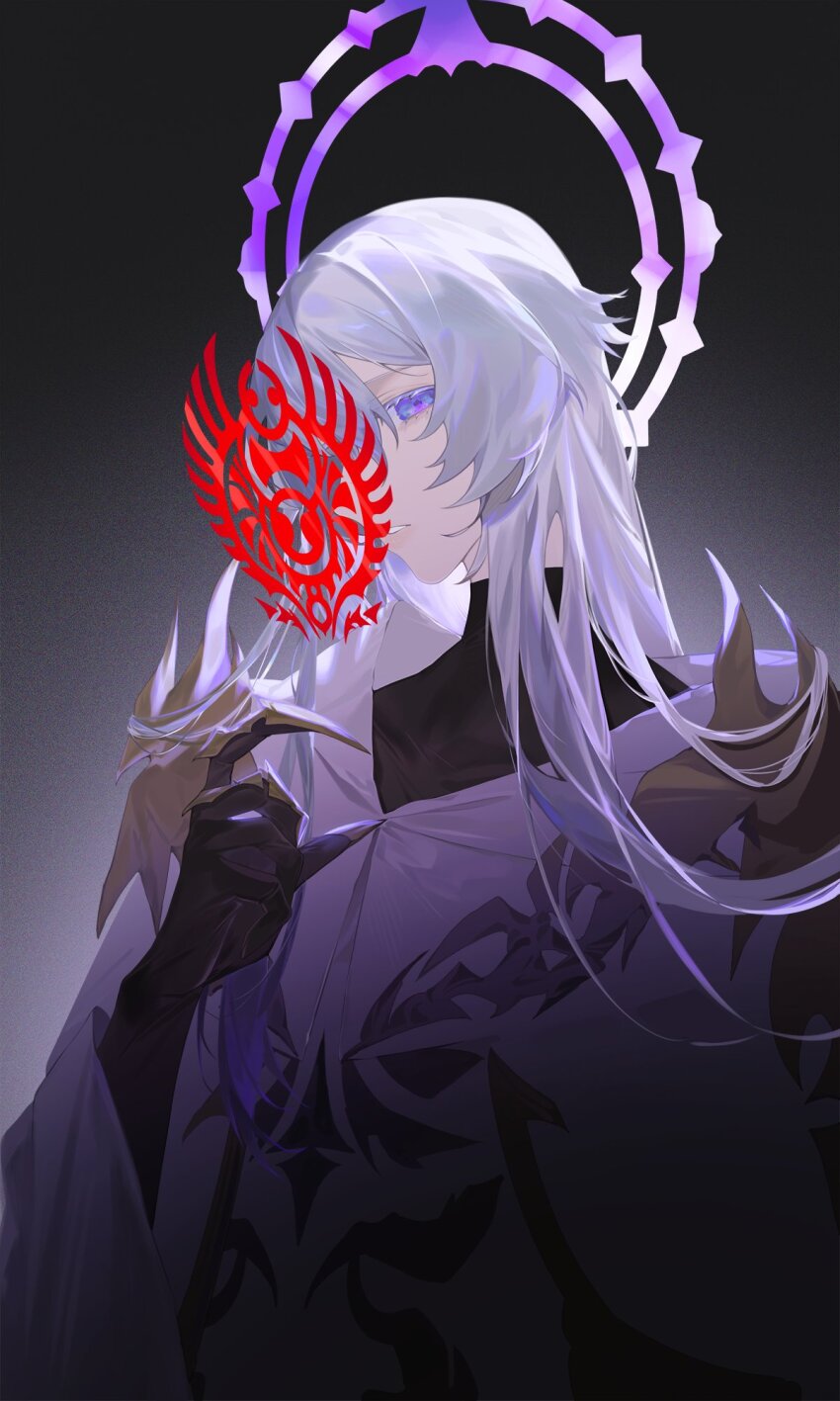 1boy alternate_hair_length alternate_hairstyle androgynous bishounen black_background black_gloves blue_eyes claw_ring colored_eyelashes commentary cosplay covered_collarbone elbow_gloves elidibus elidibus_(cosplay) expressionless final_fantasy final_fantasy_xiv from_side gloves glyph gradient_background hair_between_eyes halo halo_behind_head hand_up highres long_hair looking_at_viewer male_focus mixed-language_commentary nosas_ff14 parted_lips robe simple_background solo spiked_pauldrons themis_(ff14) turtleneck upper_body white_hair white_robe